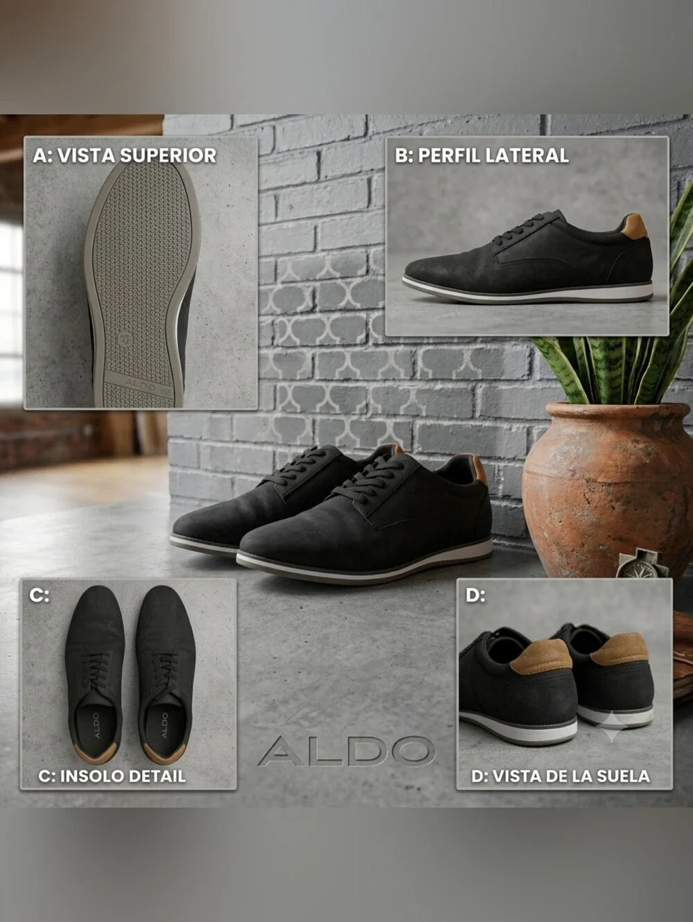 Aldo Men’s Black Derby Shoes with Tan Heel Accent Size 9